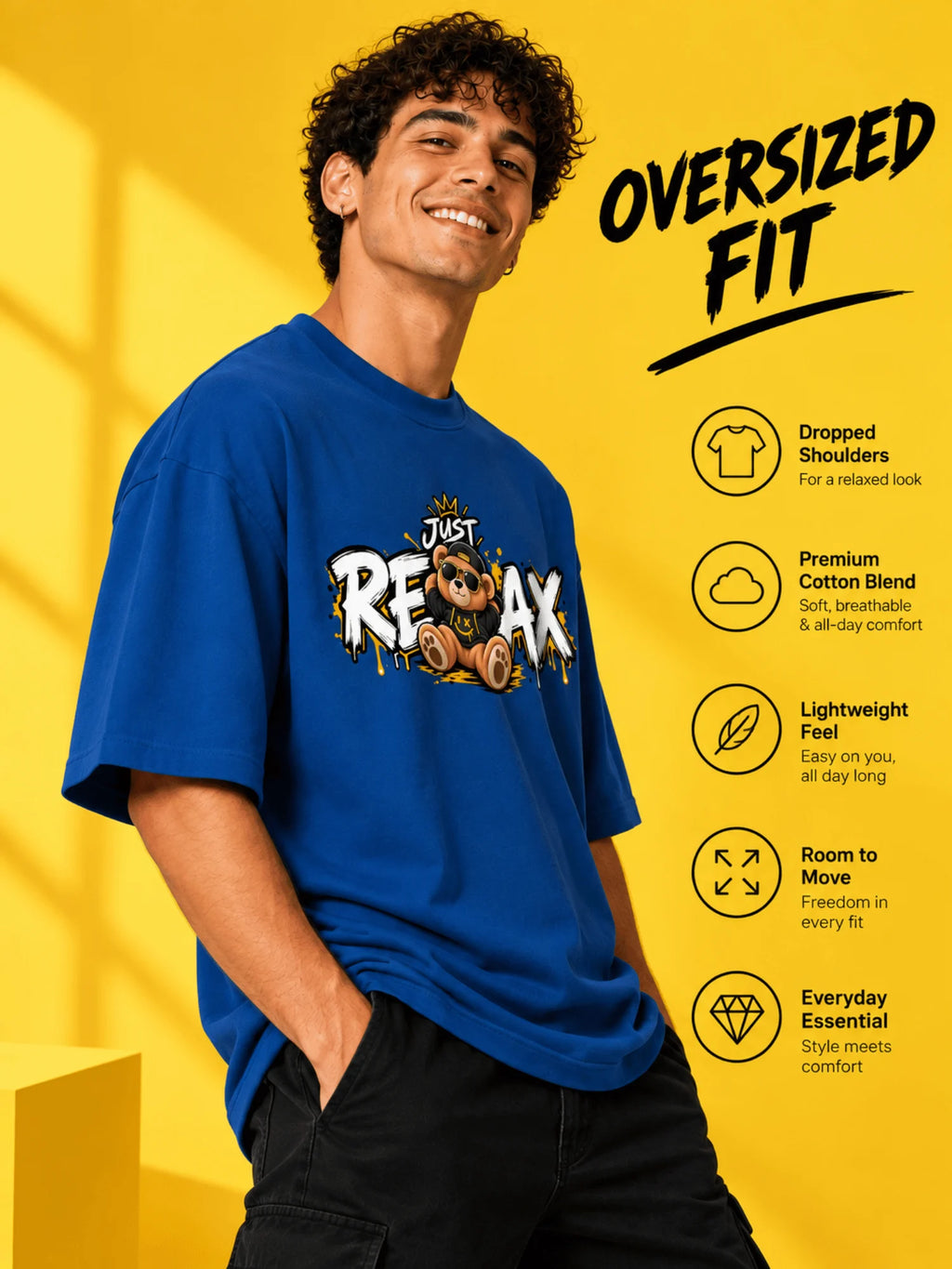 Excello Men's 'Just Relax' Teddy Bear Graphic Oversized T-Shirt | Air Force Blue