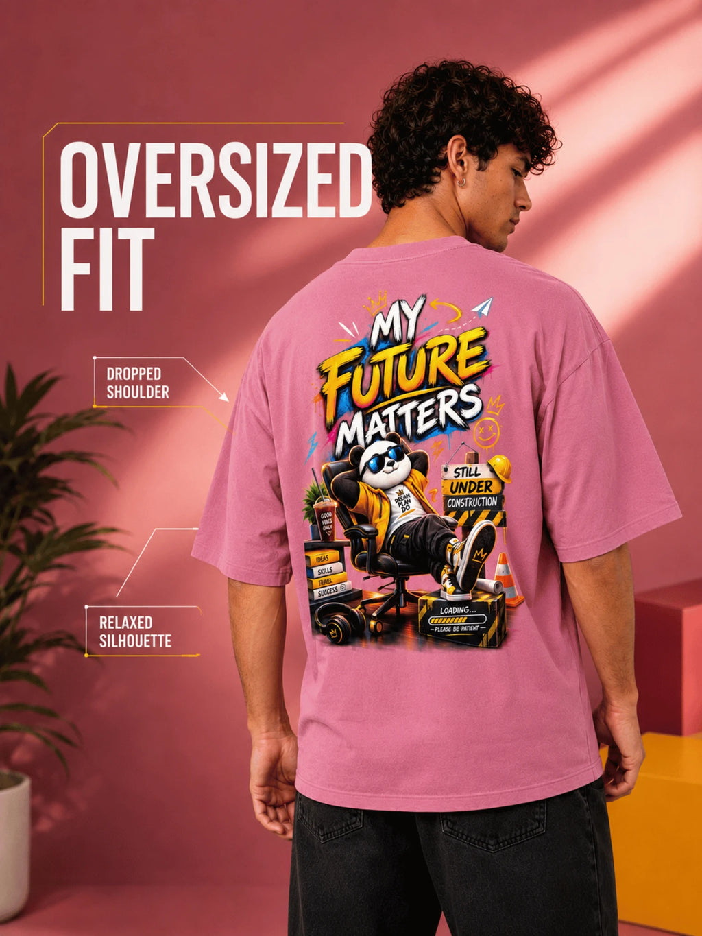Excello Men's 'My Future Matters' Panda Graphic Oversized T-Shirt | Pink