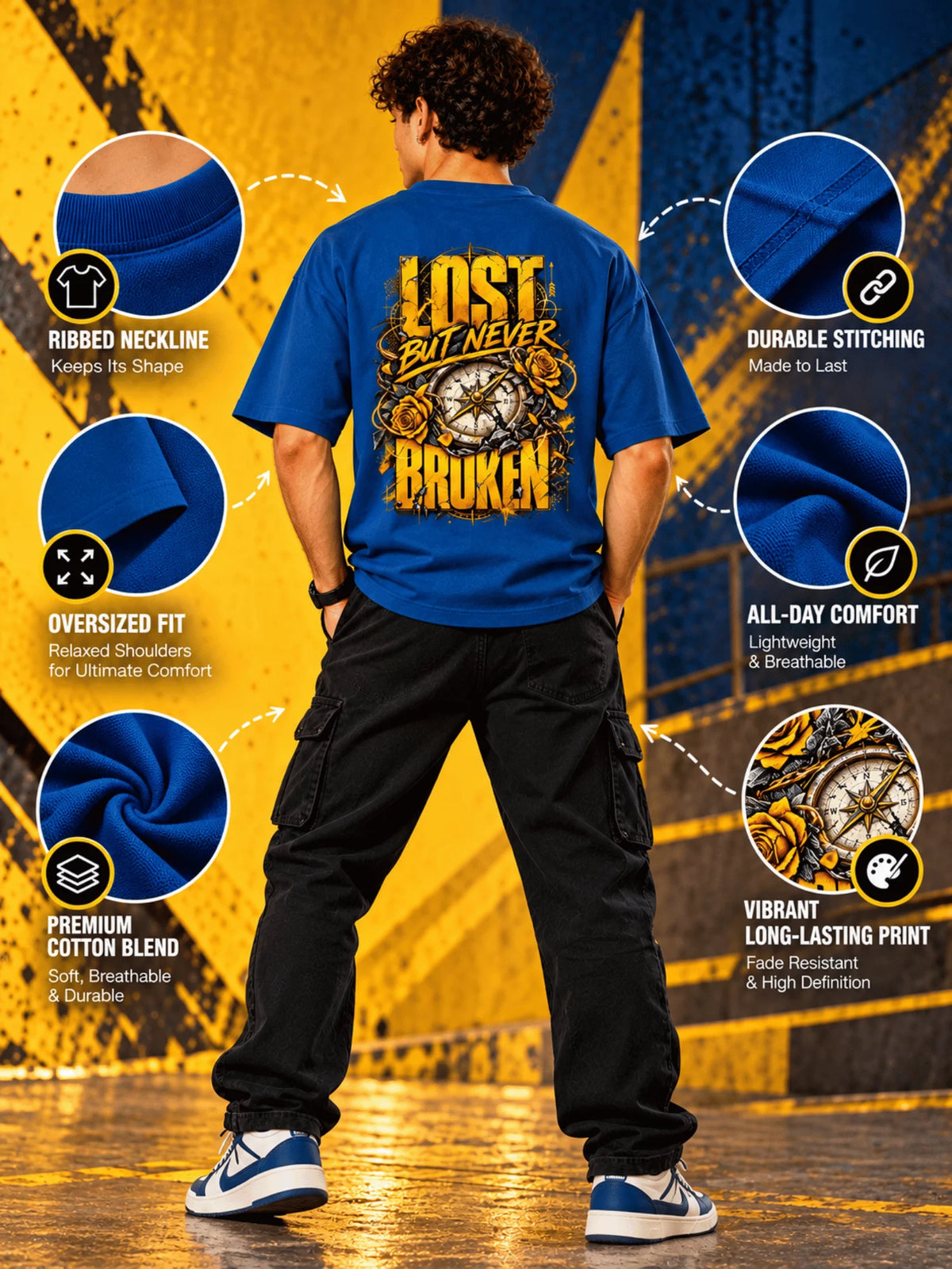 Excello Men's 'Lost But Never Broken' Compass Graphic Oversized T-Shirt | Air Force Blue