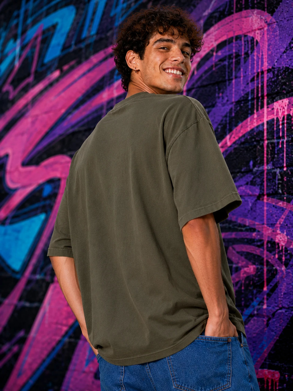 Excello Men's 'Loading Motivation' Gamer Graphic Oversized T-Shirt | Olive