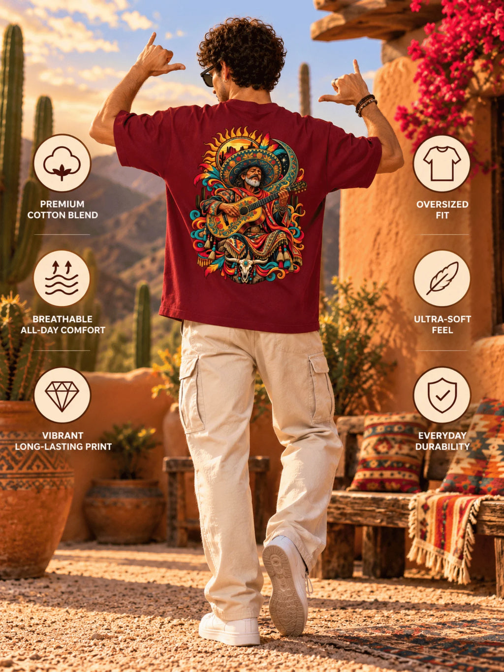 Excello Men's Mexican Musician Graphic Oversized T-Shirt | Maroon