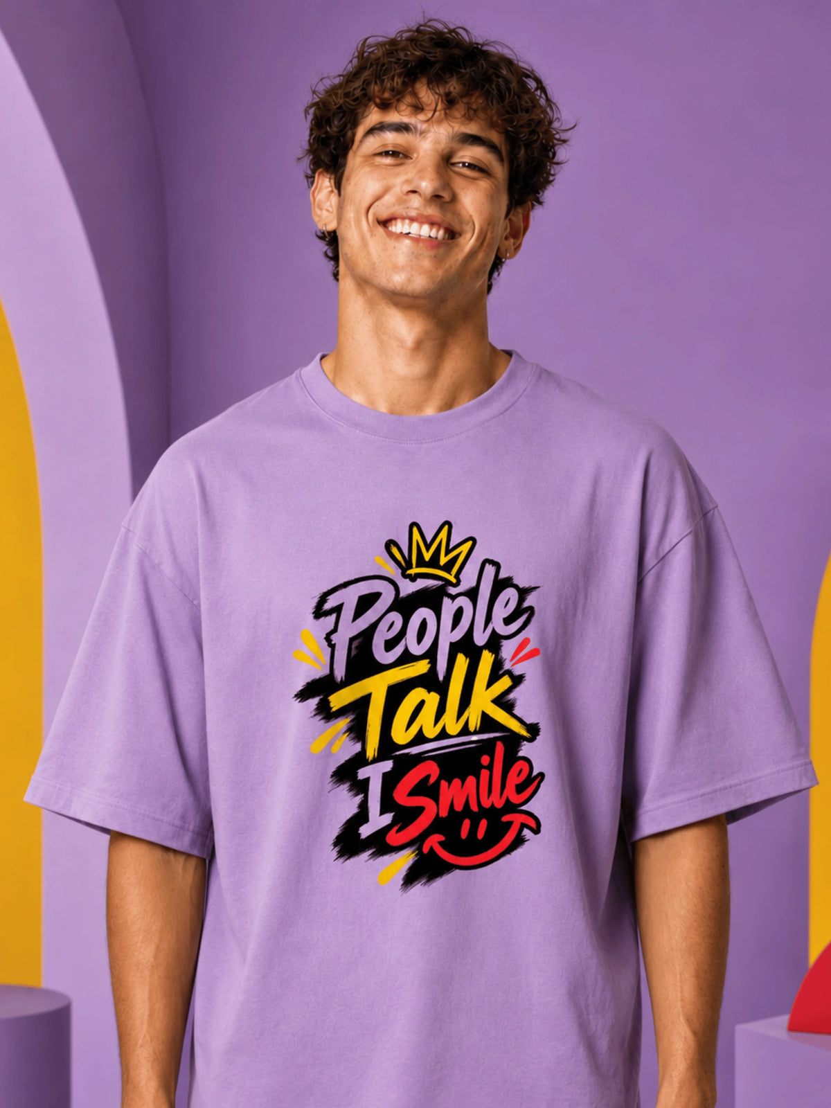 Excello Men's 'People Talk I Smile' Chill Duck Graphic Oversized T-Shirt | Lavender