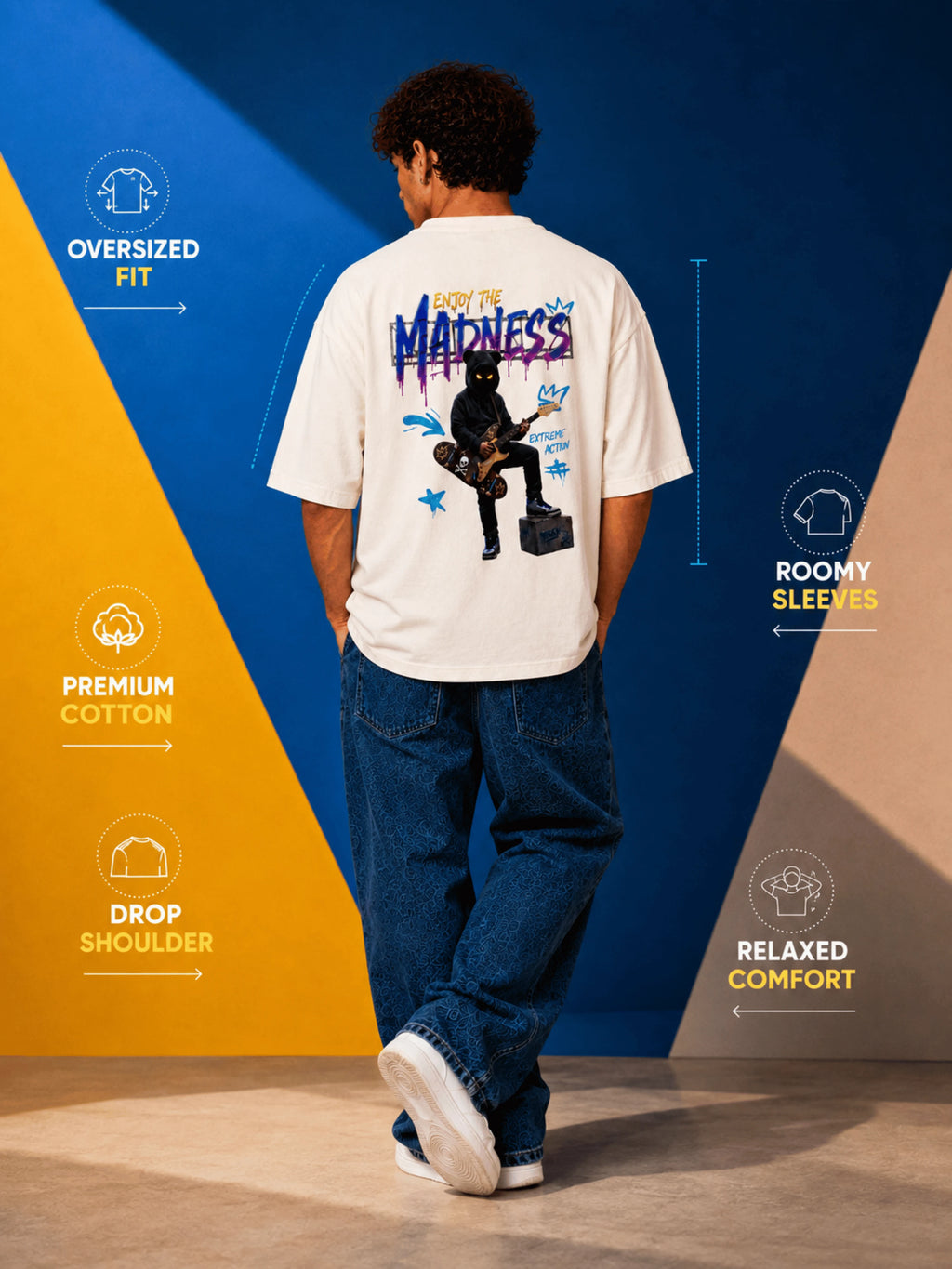 Excello Men's 'Enjoy The Madness' Graffiti Graphic Oversized T-Shirt | Off White
