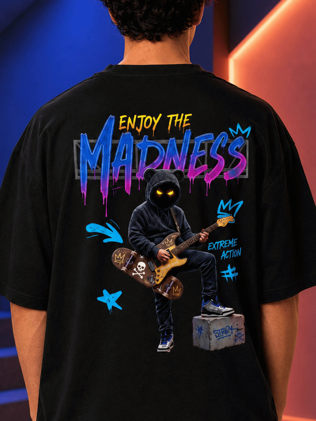 Excello Men's 'Enjoy The Madness' Graffiti Graphic Oversized T-Shirt | Black