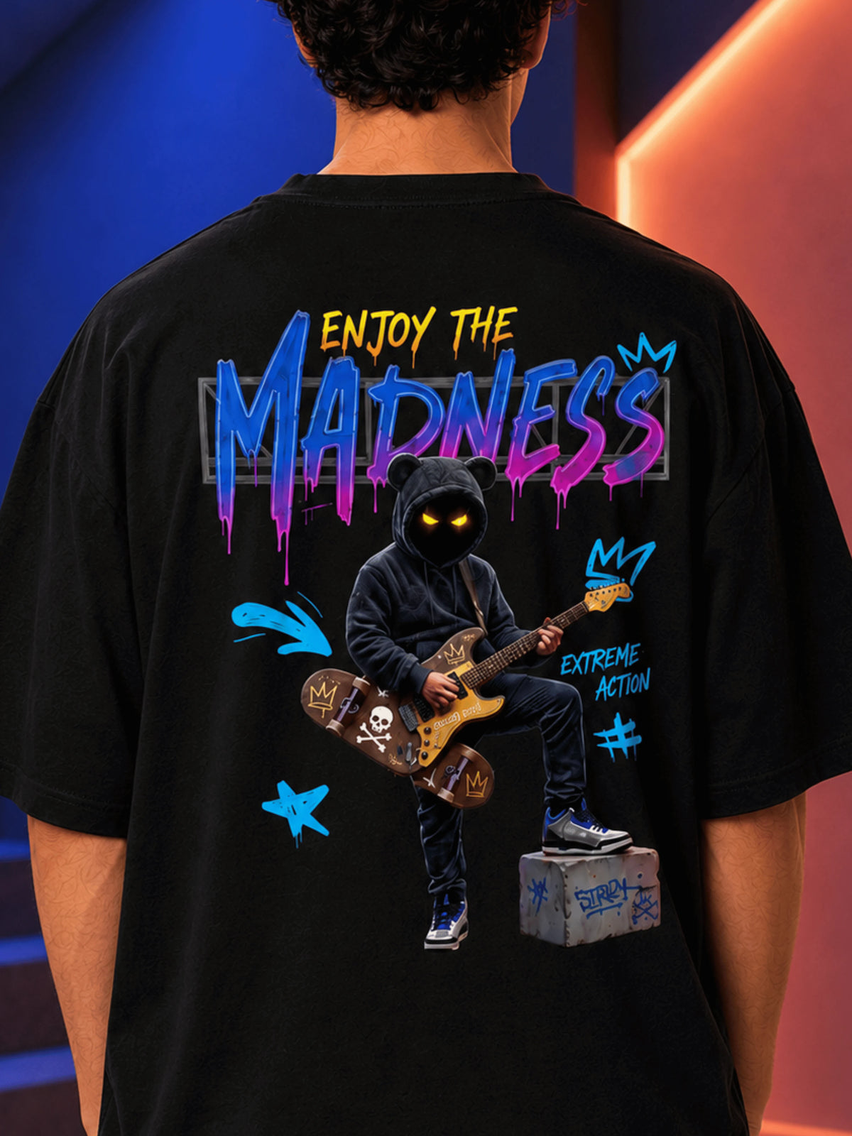 Excello Men's 'Enjoy The Madness' Graffiti Graphic Oversized T-Shirt | Black