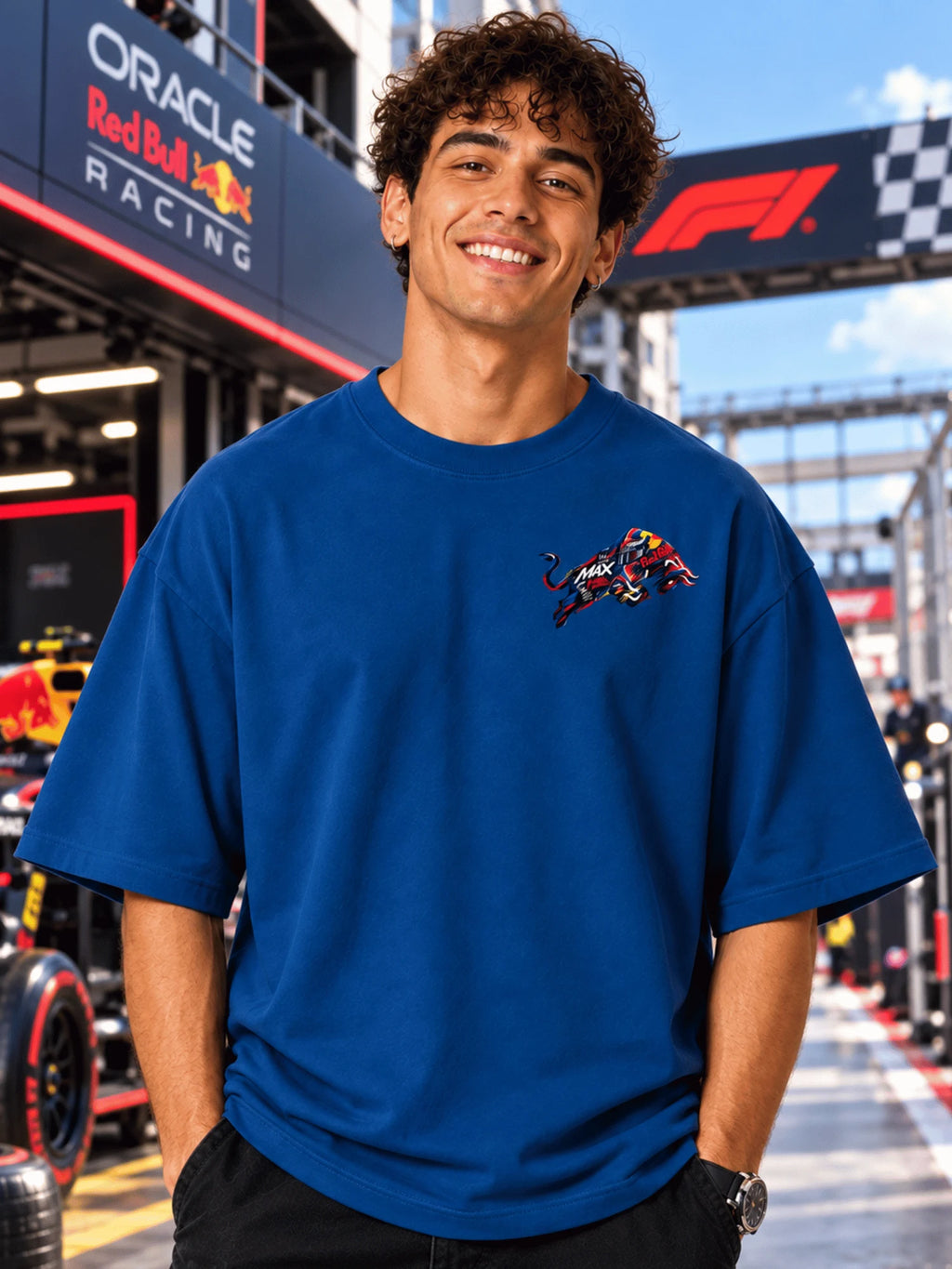 Excello Men's Max Verstappen Racing Graphic Oversized T-Shirt | Air Force Blue