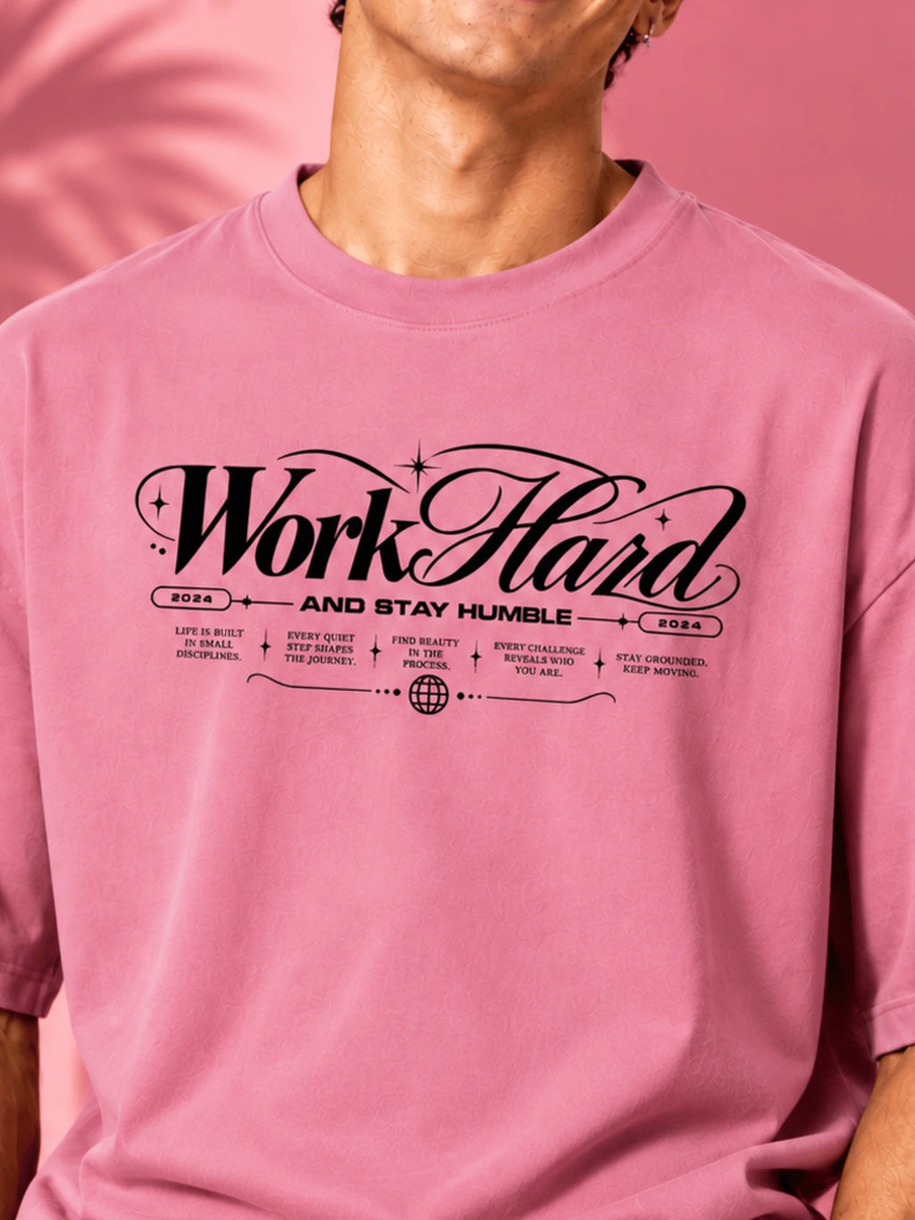 Excello Men's 'Work Hard' Motivational Typography Oversized T-Shirt |  Rose Pink