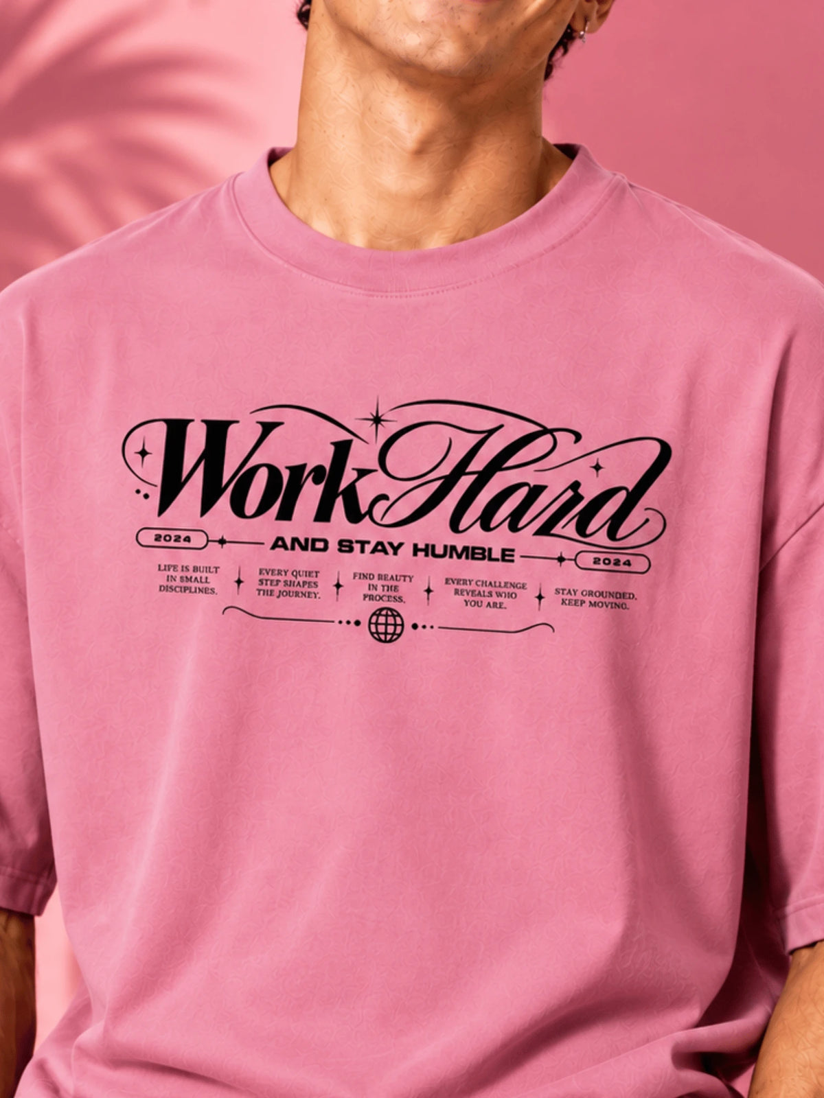 Excello Men's 'Work Hard' Motivational Typography Oversized T-Shirt |  Rose Pink