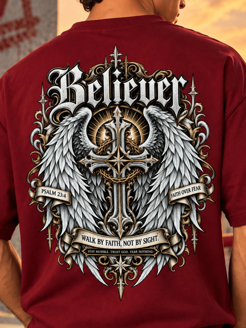 Excello Men's 'Believer' Cross & Wings Graphic Oversized T-Shirt | Maroon