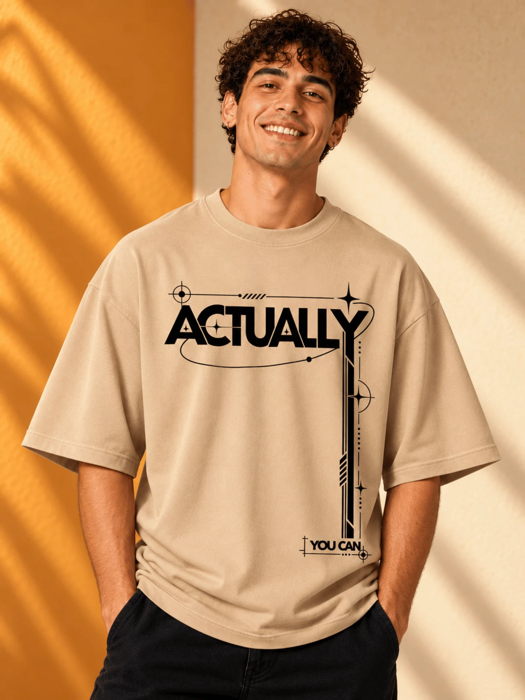 Excello Men's 'Actually You Can' Typography Oversized T-Shirt | Beige
