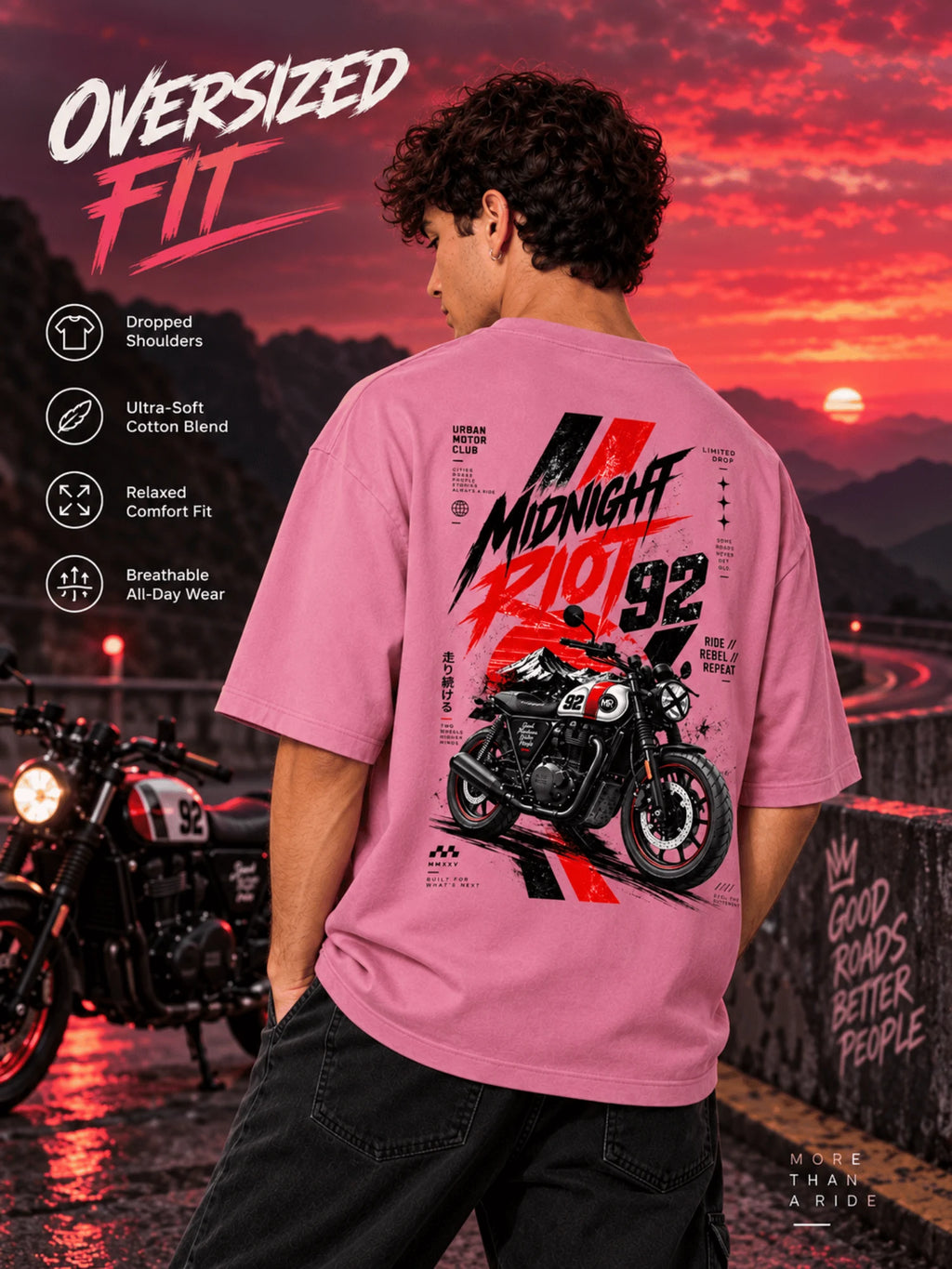 Excello Men's 'Midnight Riot 92' Motorcycle Graphic Oversized T-Shirt | Rose Pink