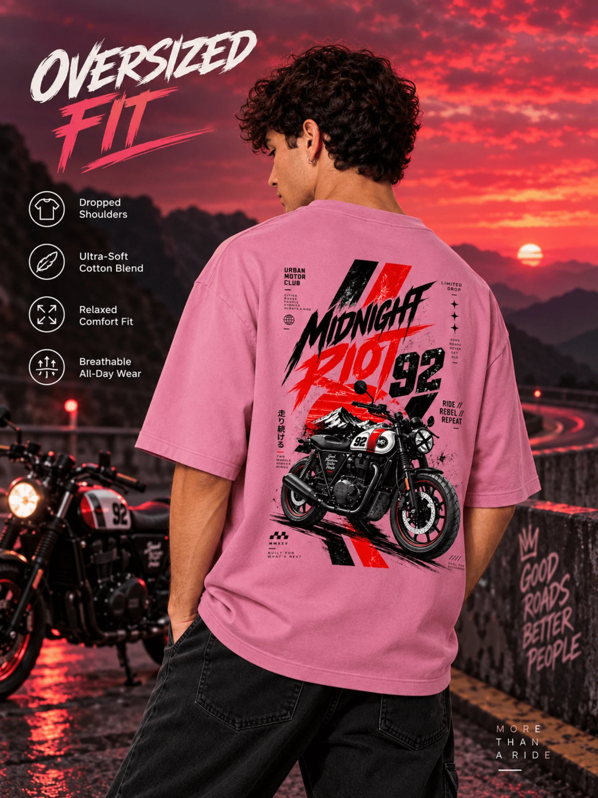 Excello Men's 'Midnight Riot 92' Motorcycle Graphic Oversized T-Shirt | Rose Pink