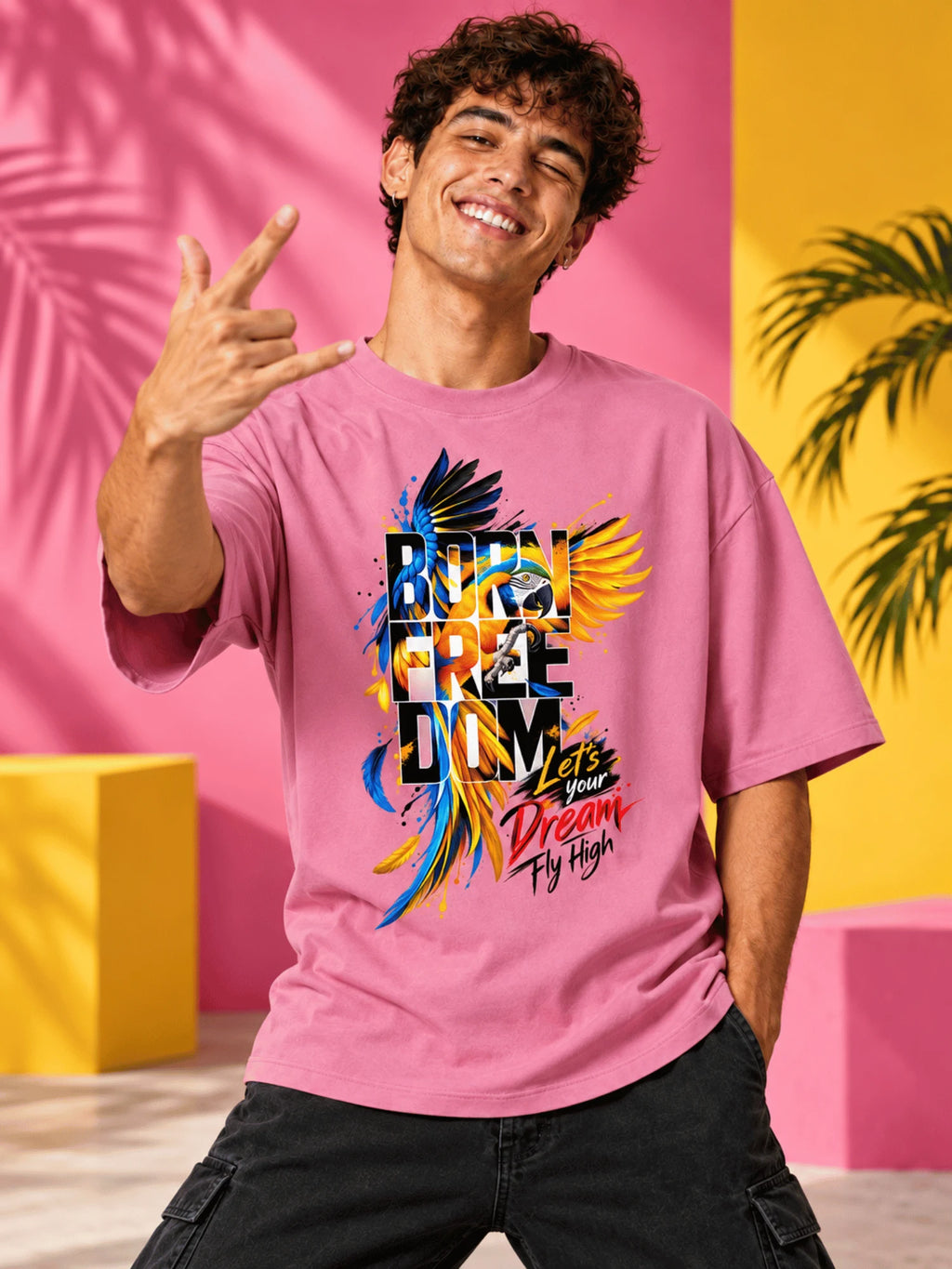 Excello Men's 'Born Freedom' Bird Graphic Oversized T-Shirt | Rose Pink