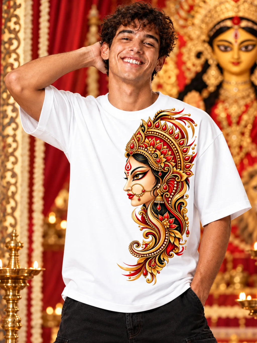 Excello Men's Divine Goddess Golden Profile Graphic Oversized T-Shirt | White