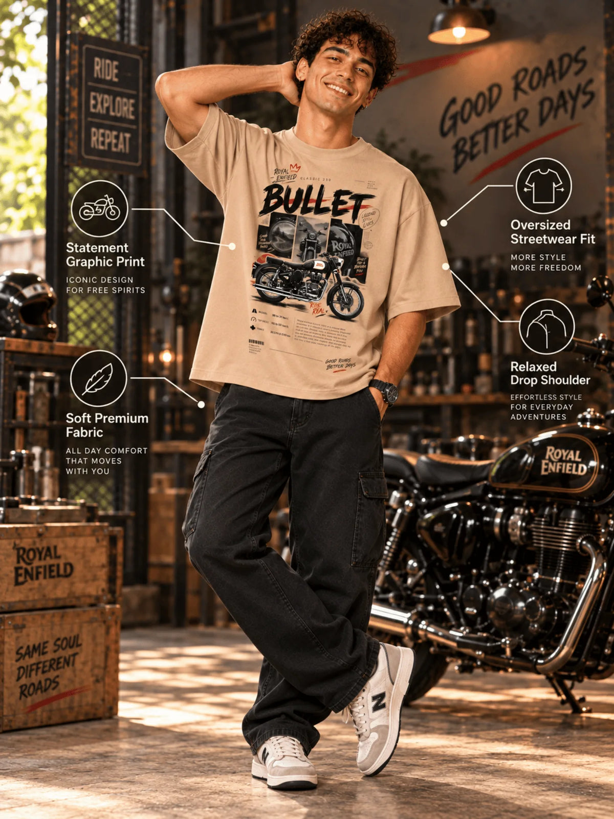 Excello Men's Royal Enfield Bullet 350 Graphic Oversized T-Shirt | Beige
