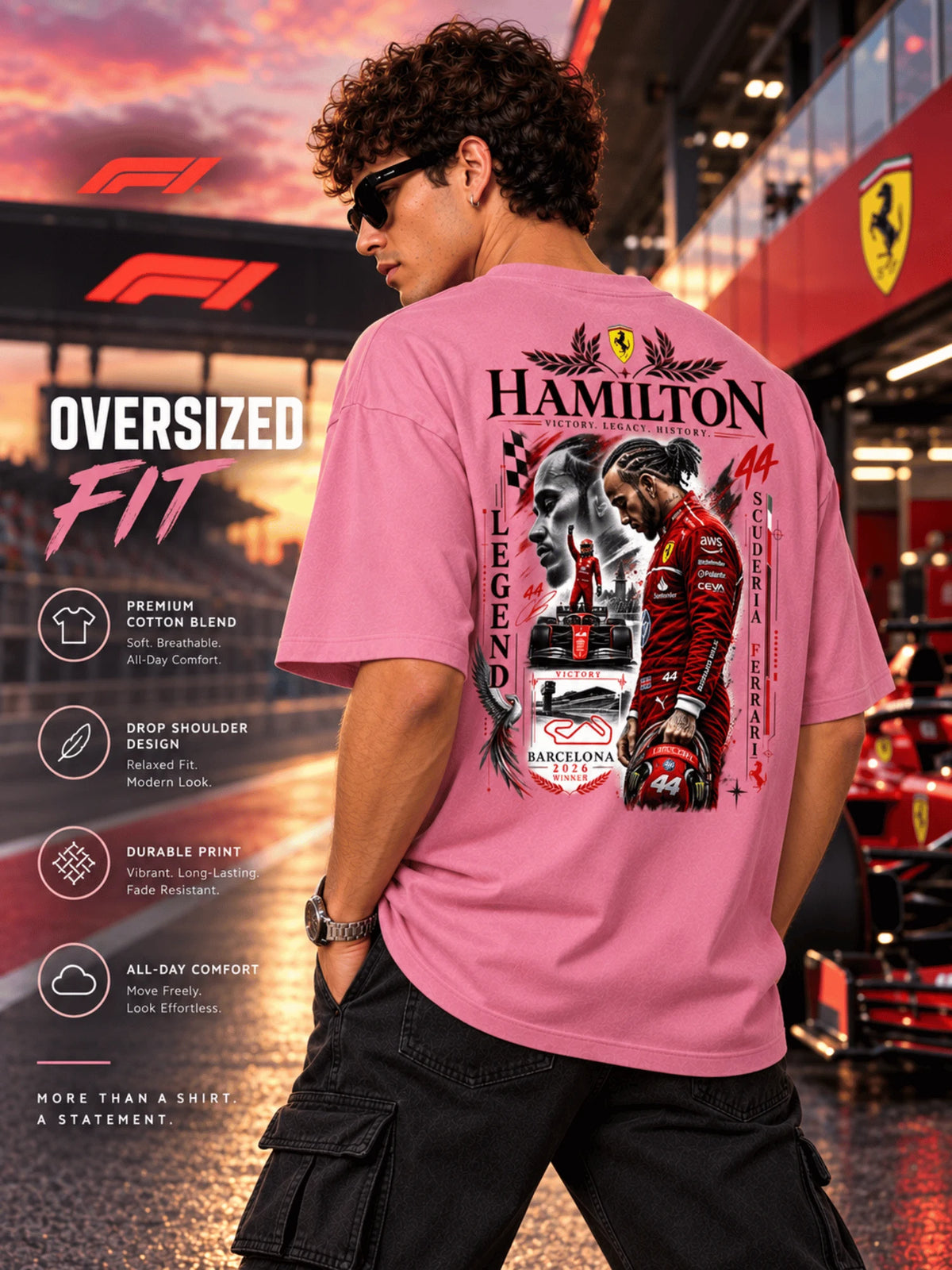 Excello Men's Hamilton Legend Racing Graphic Oversized T-Shirt | Rose Pink
