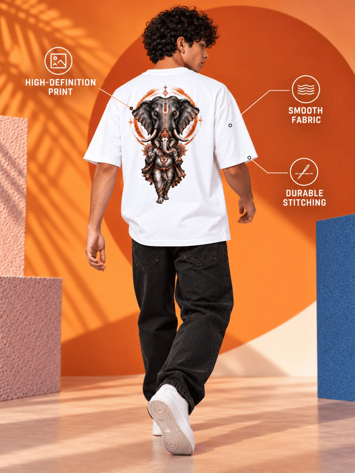 Excello Men's Majestic Elephant & Ganesha Graphic Oversized T-Shirt - 240 GSM Pure Cotton, Bio-Washed | White