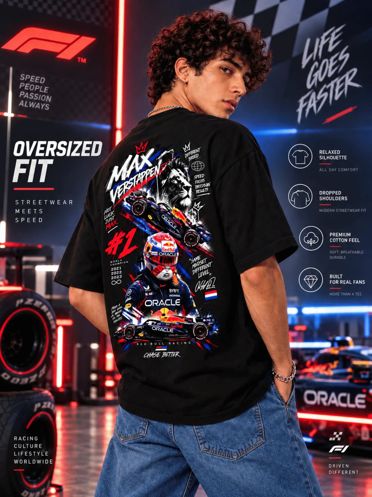 Excello Men's Max Verstappen Racing Graphic Oversized T-Shirt | Black