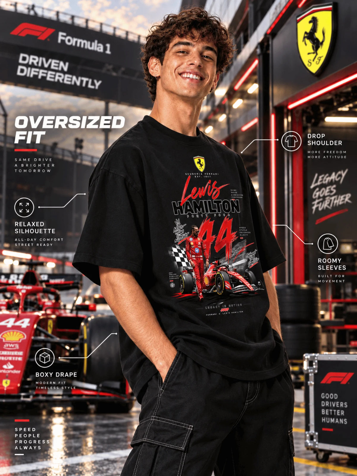 Excello Men's Lewis Hamilton 44 Scuderia Ferrari Graphic Oversized T-Shirt | Black