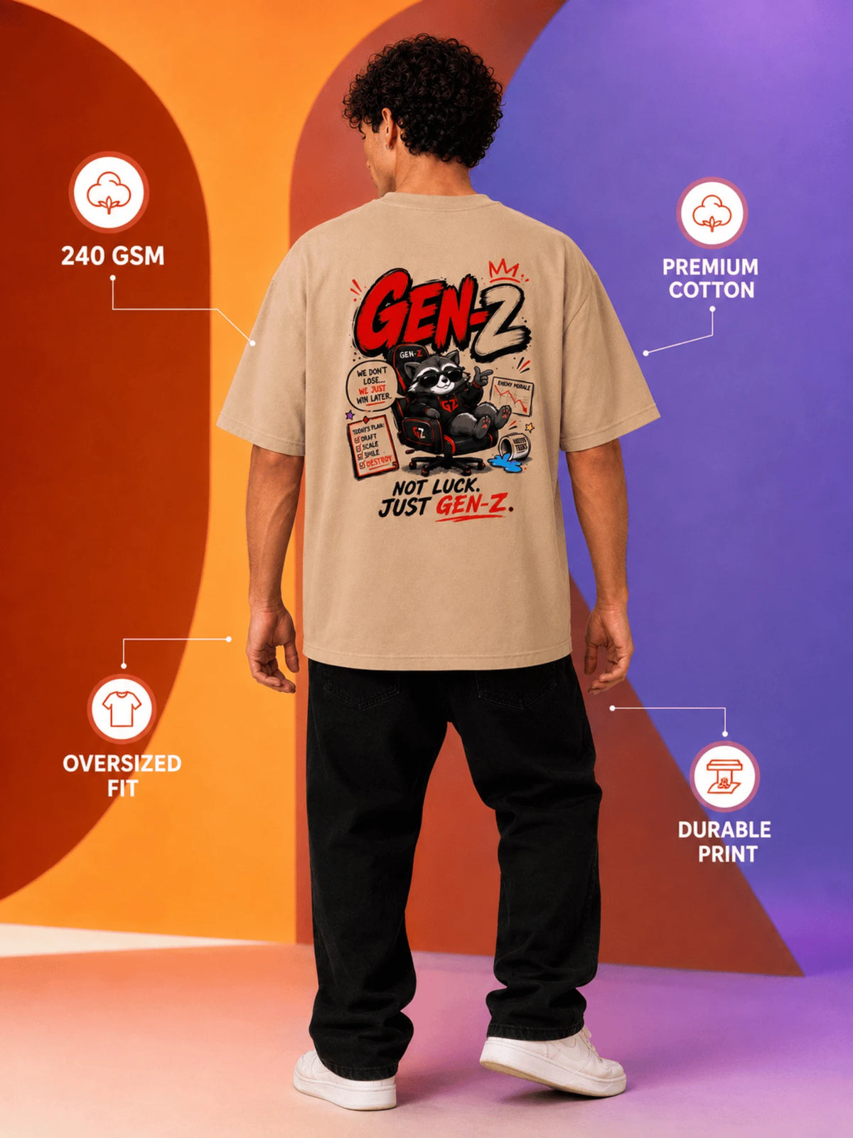 Excello Men's 'Gen-Z Raccoon' Gamer Graphic Oversized T-Shirt | Beige