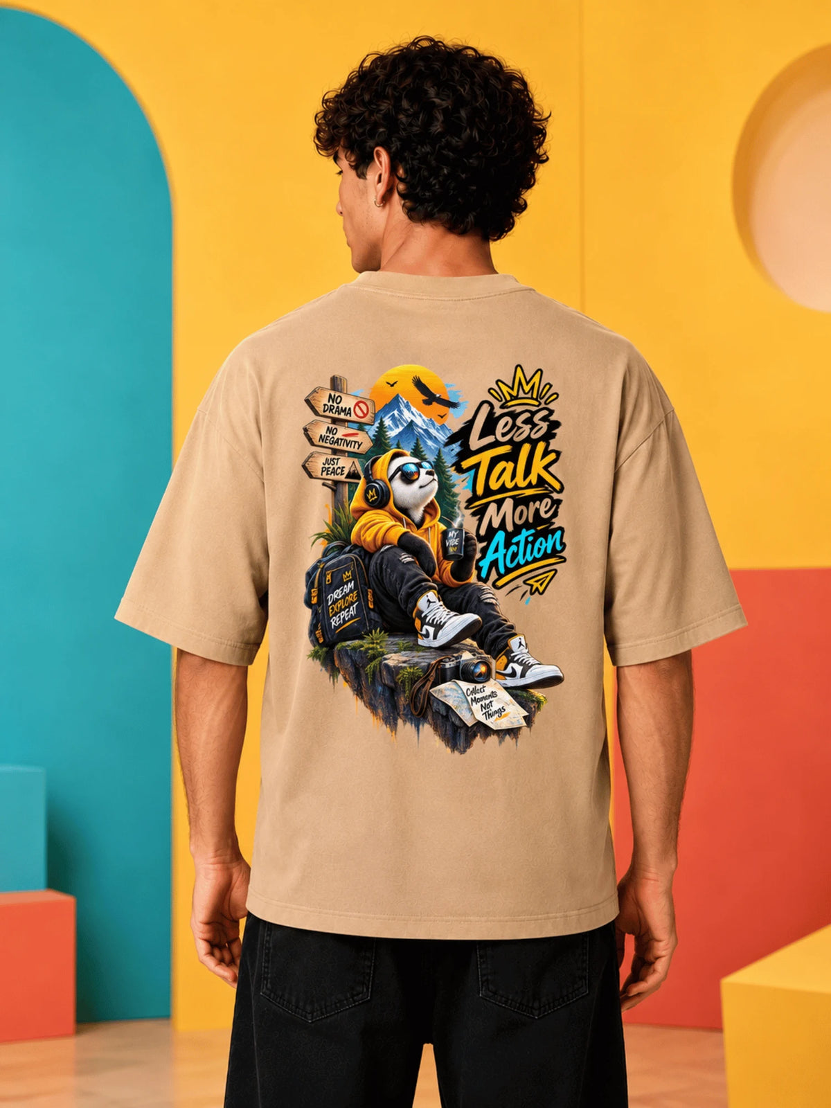 Excello Men's 'Less Talk More Action' Panda Graphic Oversized T-Shirt | Beige