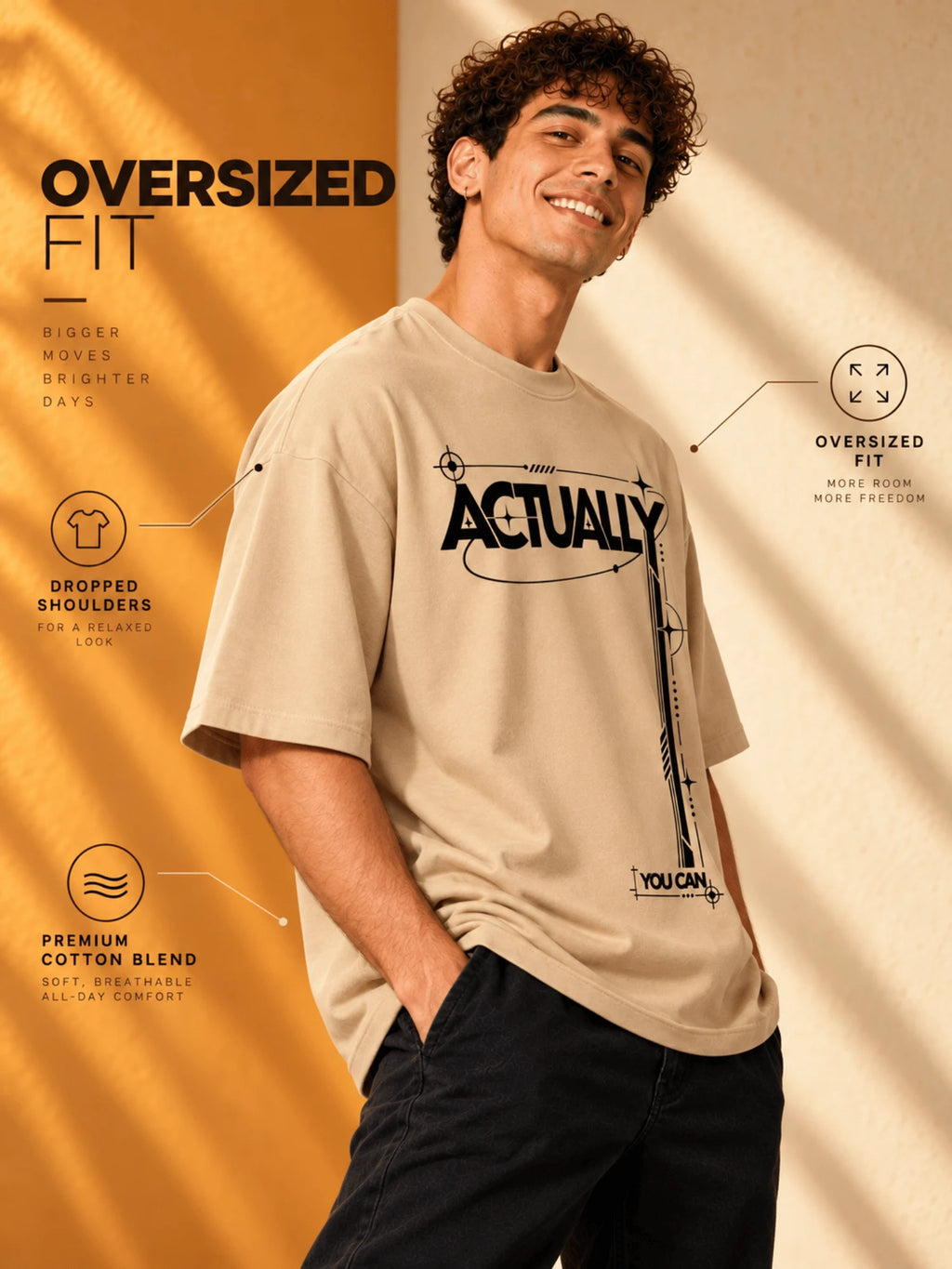 Excello Men's 'Actually You Can' Typography Oversized T-Shirt | Beige