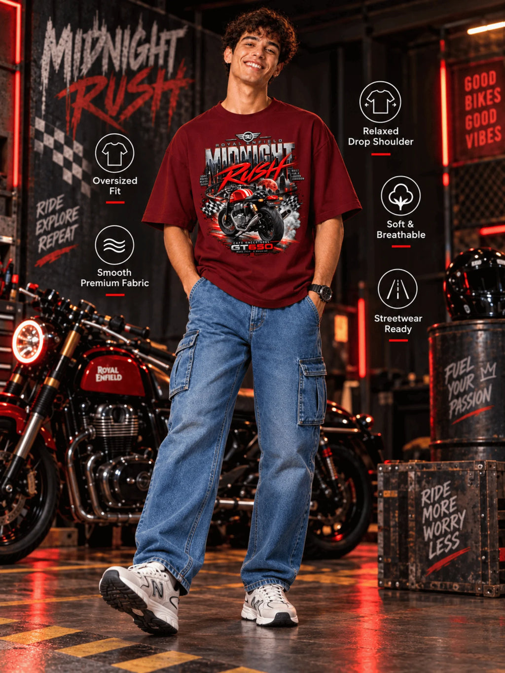 Excello Men's Royal Enfield GT 650 'Midnight Rush' Graphic Oversized T-Shirt | Maroon
