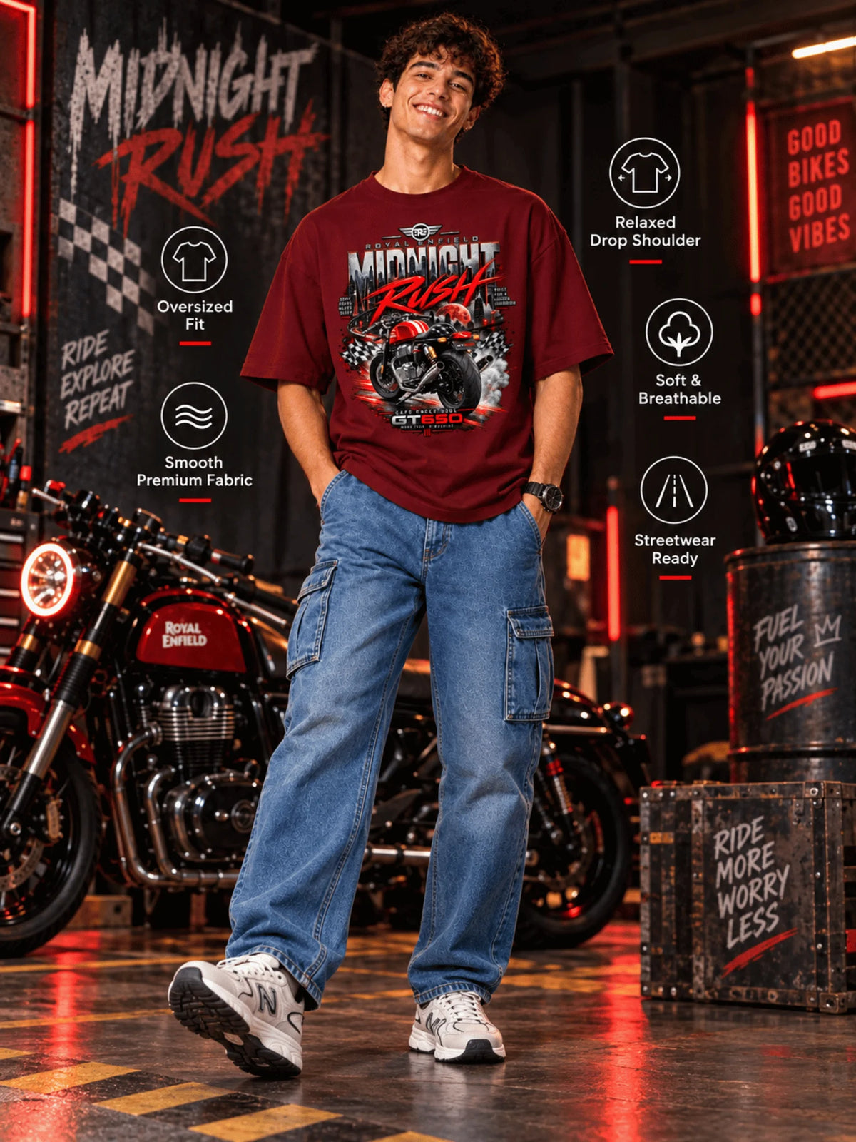 Excello Men's Royal Enfield GT 650 'Midnight Rush' Graphic Oversized T-Shirt | Maroon
