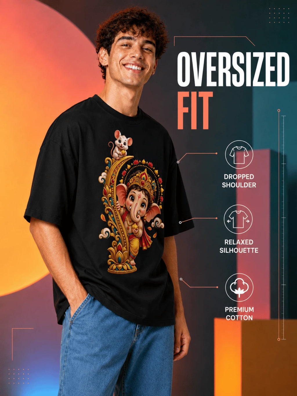 Excello Men's Playful Bal Ganesha & Mushak Graphic Oversized T-Shirt - 240 GSM Pure Cotton, Bio-Washed-Black