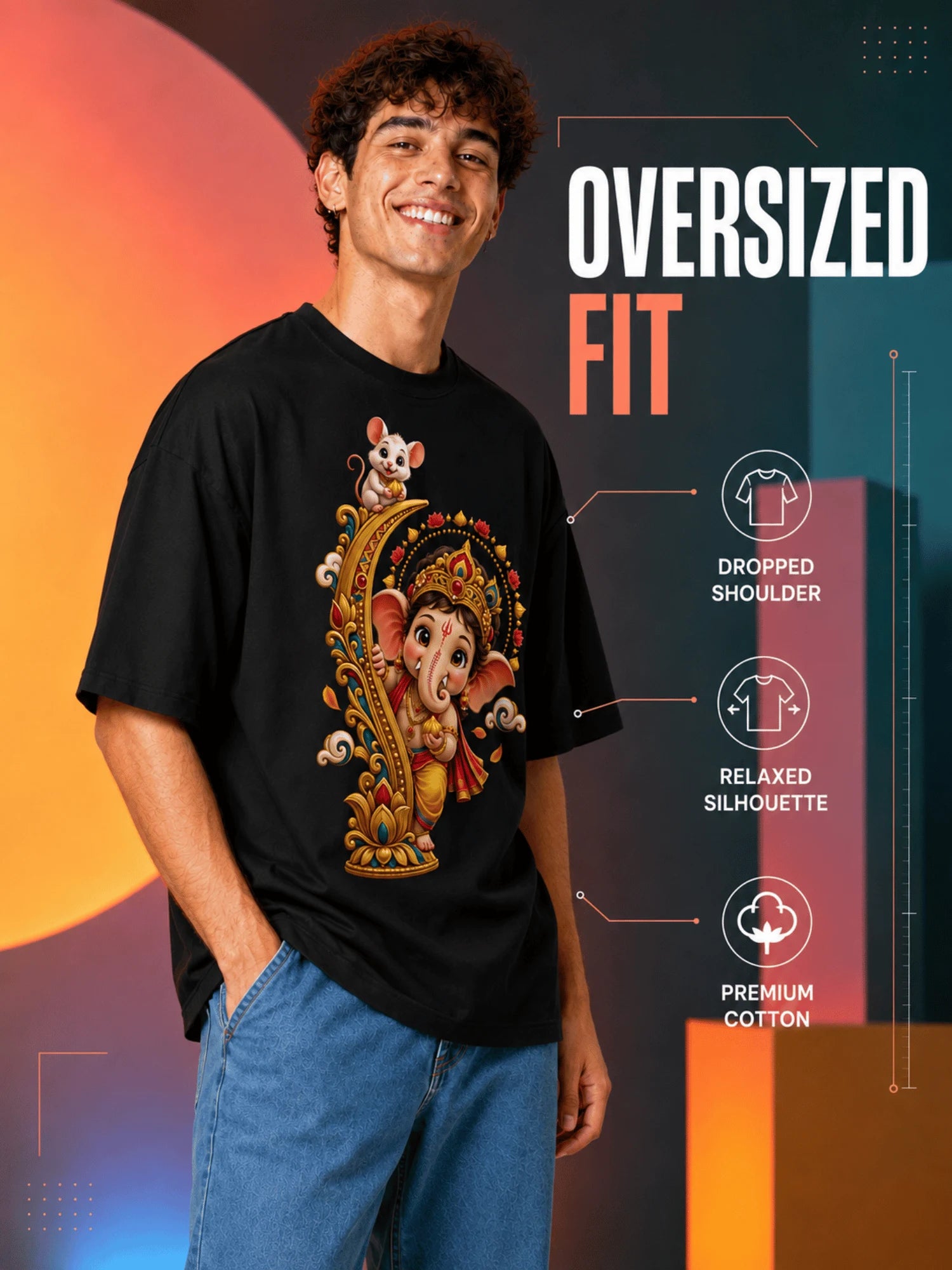 Excello Men's Playful Bal Ganesha & Mushak Graphic Oversized T-Shirt - 240 GSM Pure Cotton, Bio-Washed-Black