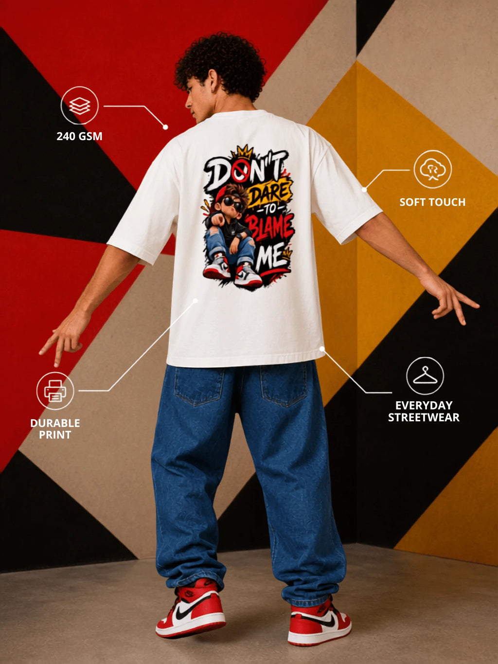 Excello Men's 'Don't Dare To Blame Me' Graphic Oversized T-Shirt | Off White