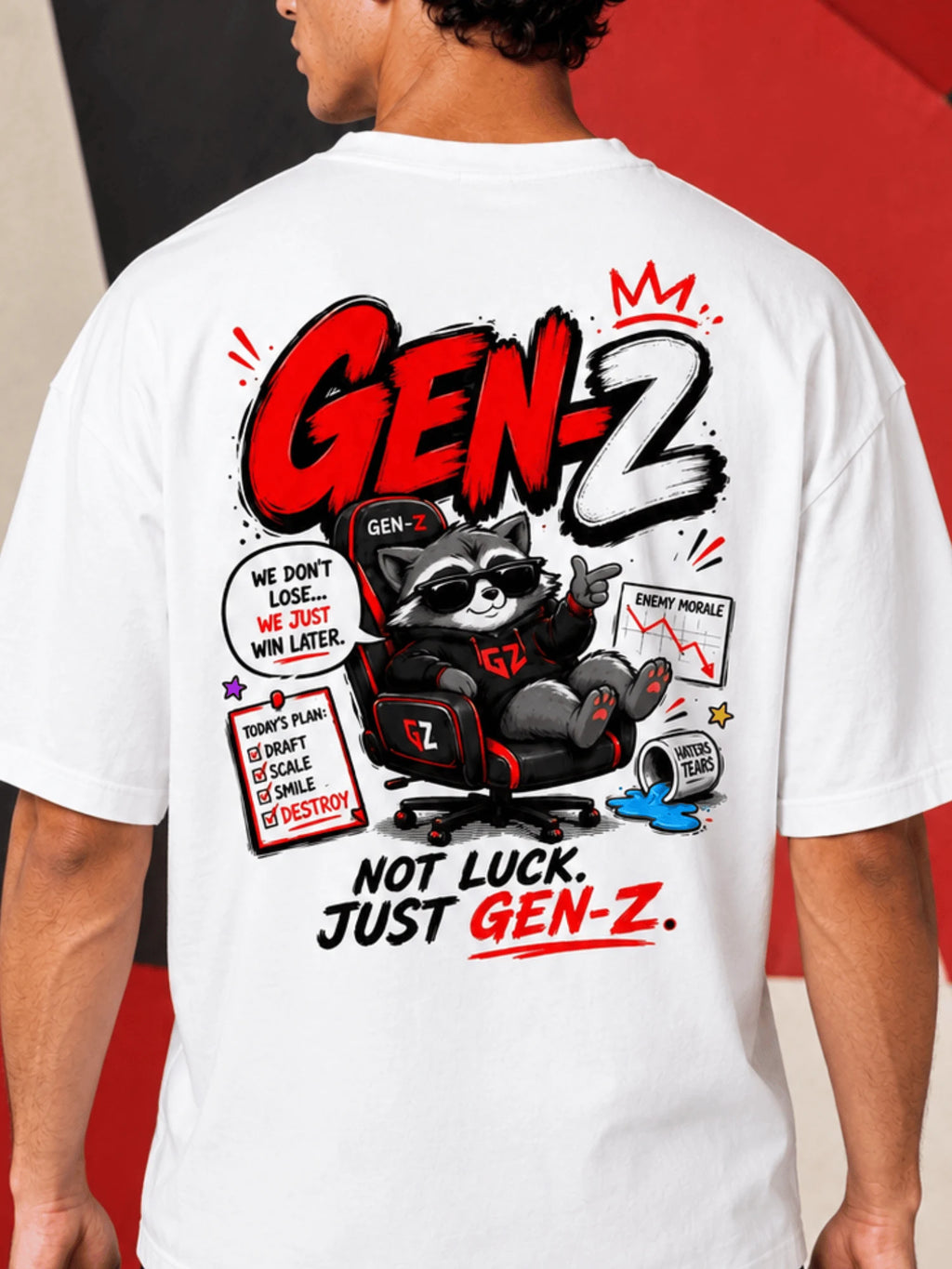 Excello Men's 'Gen-Z Raccoon' Gamer Graphic Oversized T-Shirt | White