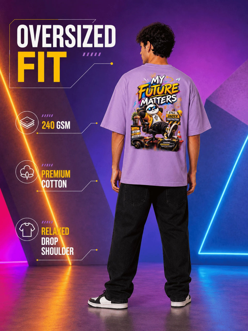 Excello Men's 'My Future Matters' Panda Graphic Oversized T-Shirt | Lavender