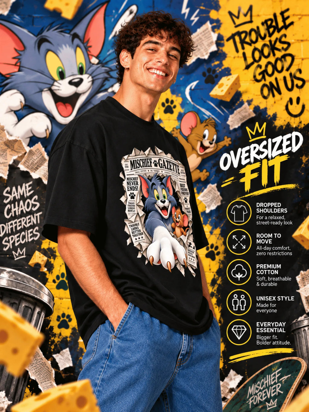 Excello Men's Mischief Gazette Graphic Oversized T-Shirt - Premium Cotton | Black
