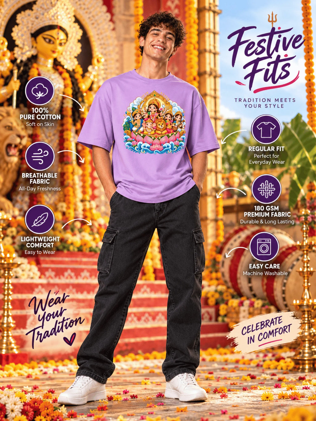 Excello Men's Divine Durga Family Graphic Oversized T-Shirt | Lavender