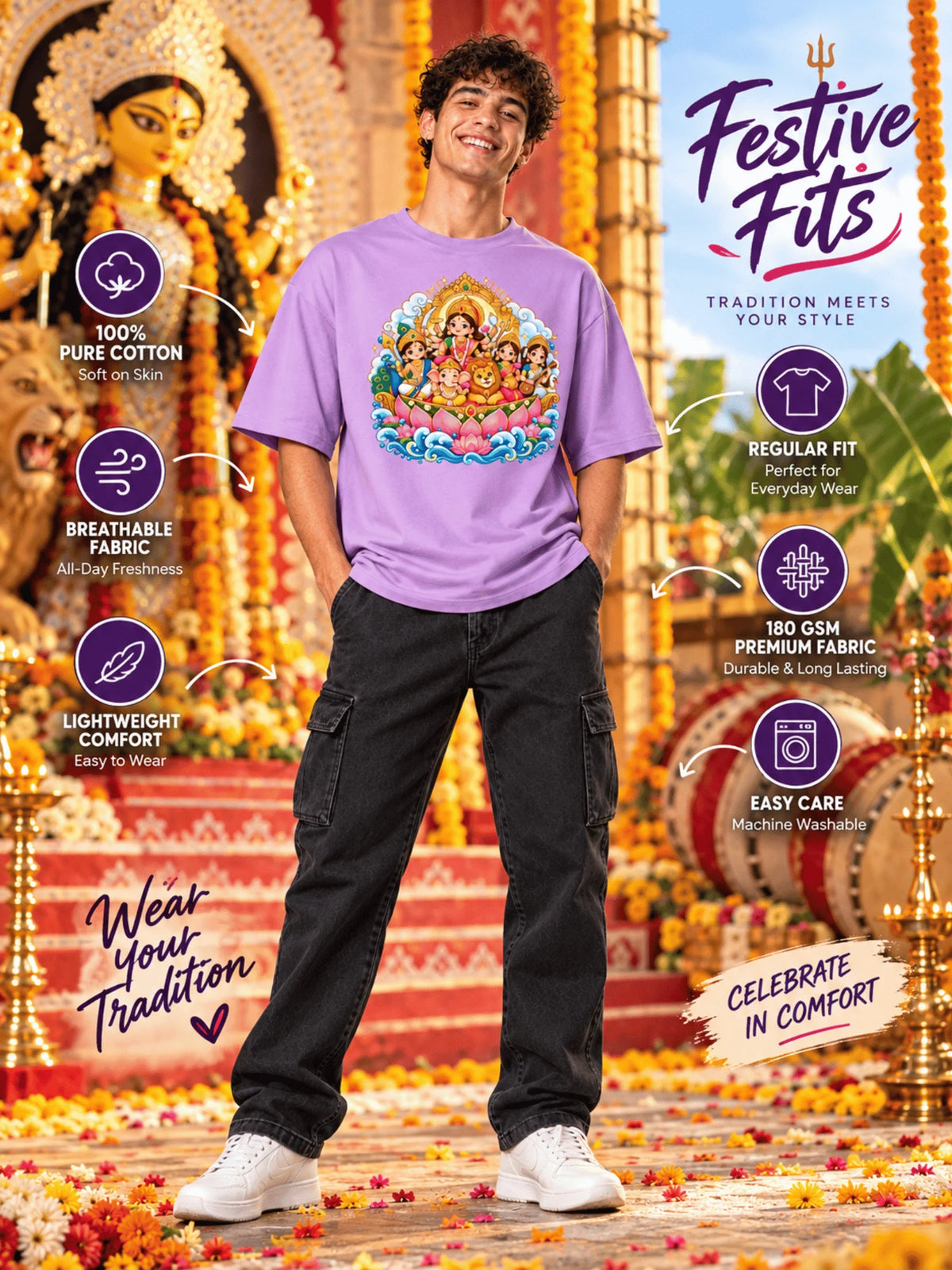 Excello Men's Divine Durga Family Graphic Oversized T-Shirt | Lavender
