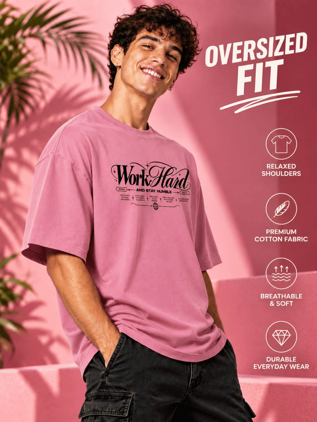 Excello Men's 'Work Hard' Motivational Typography Oversized T-Shirt |  Rose Pink
