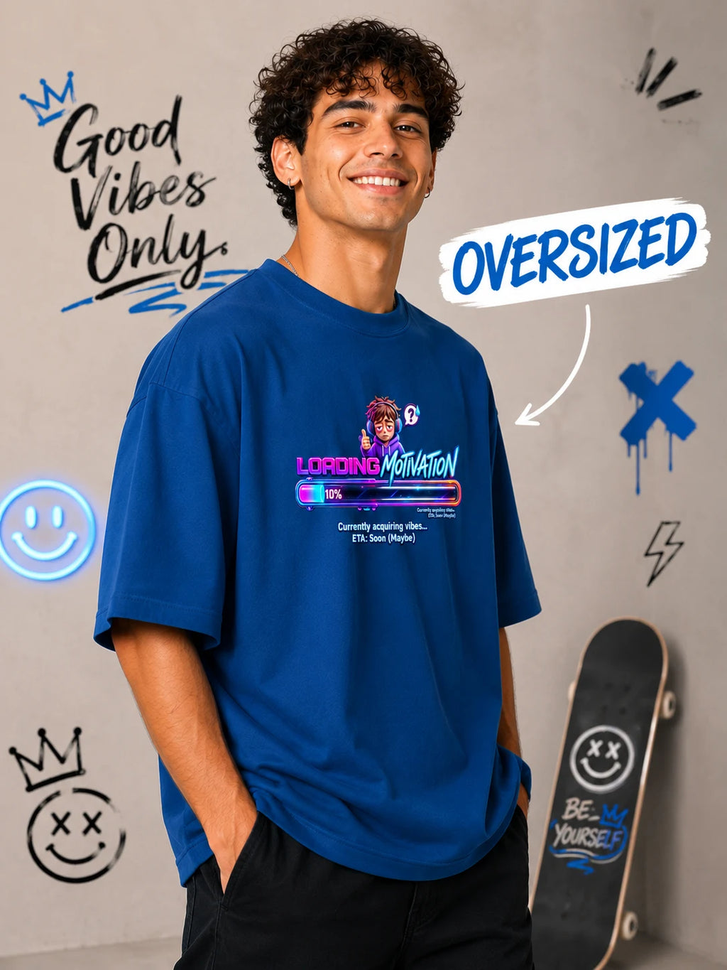 Excello Men's 'Loading Motivation' Gamer Graphic Oversized T-Shirt | Air Force Blue
