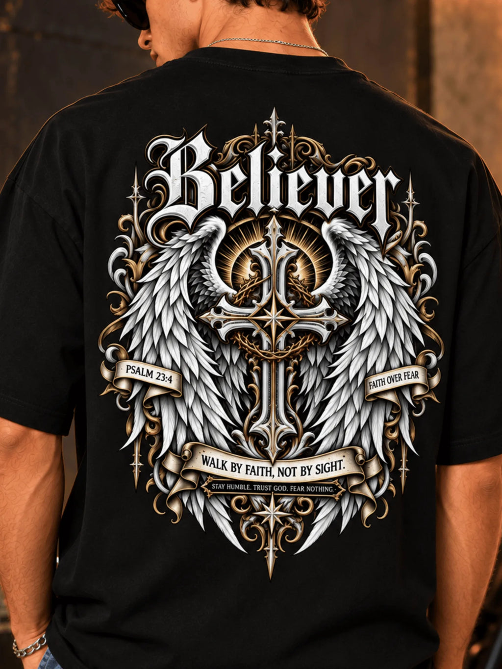 Excello Men's 'Believer' Cross & Wings Graphic Oversized T-Shirt | Black