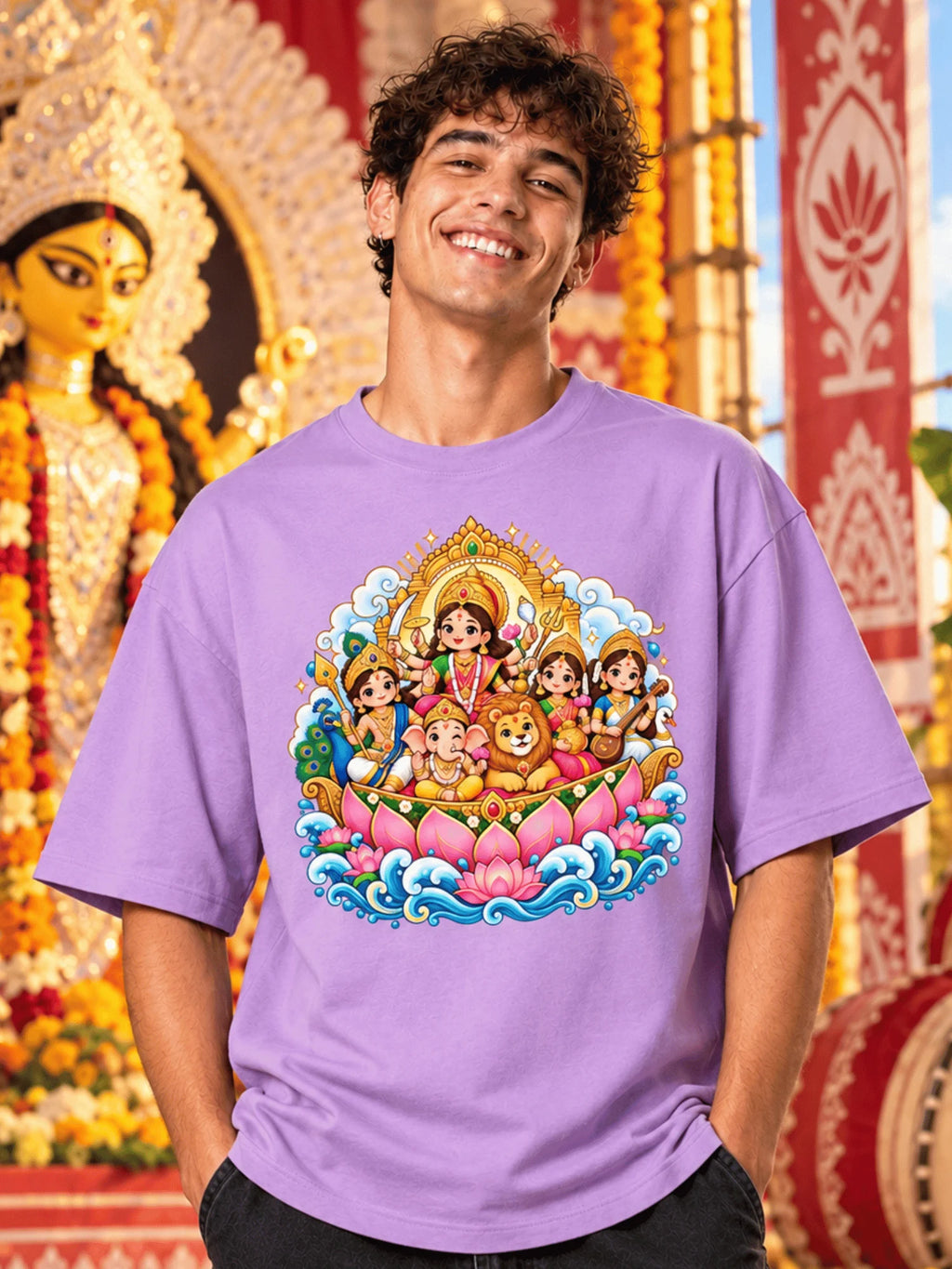 Excello Men's Divine Durga Family Graphic Oversized T-Shirt | Lavender