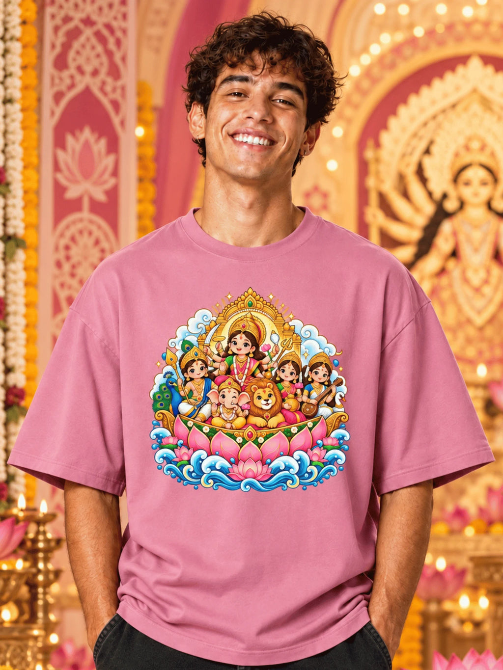 Excello Men's Divine Durga Family Graphic Oversized T-Shirt | Pink