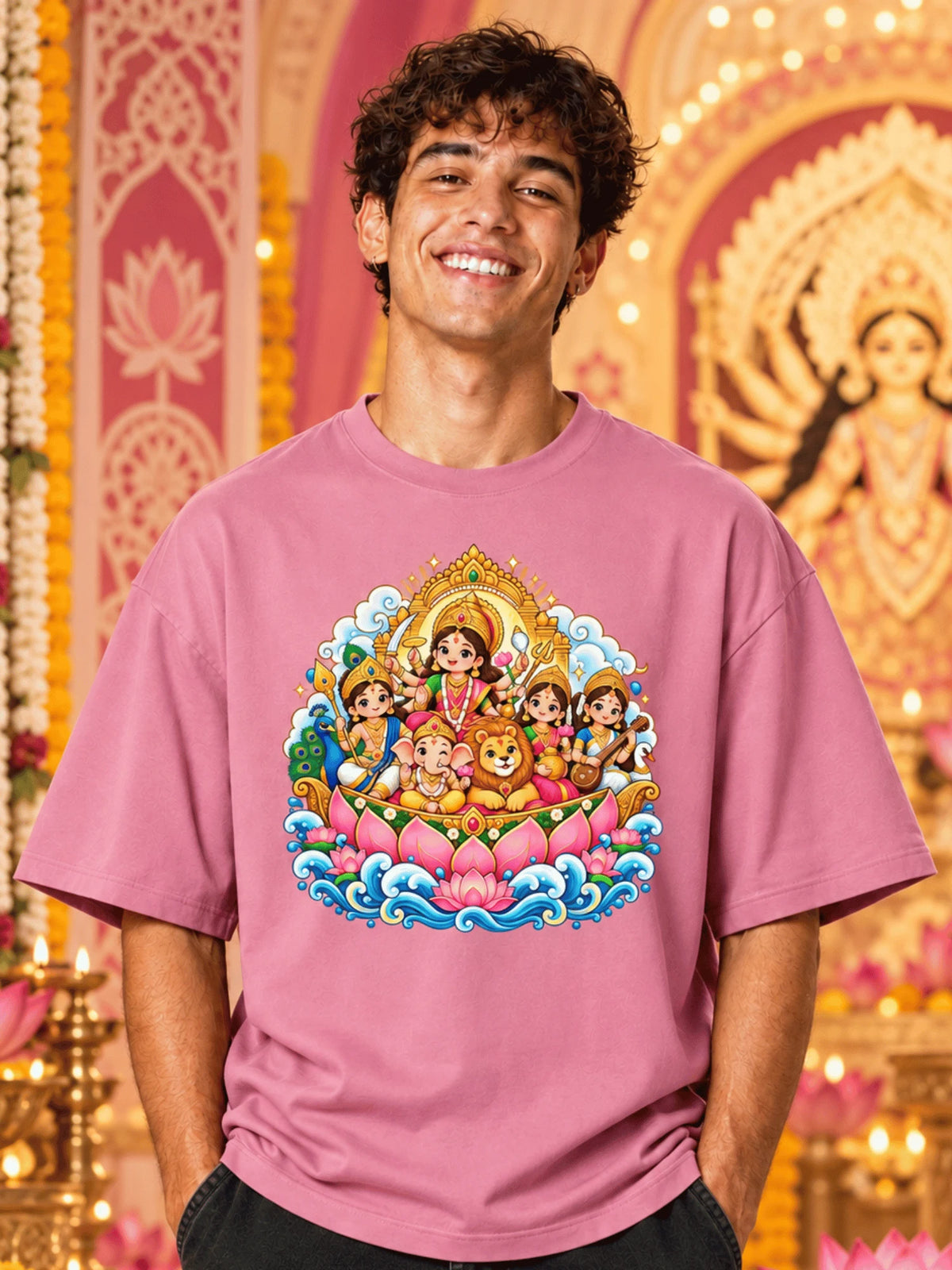 Excello Men's Divine Durga Family Graphic Oversized T-Shirt | Pink