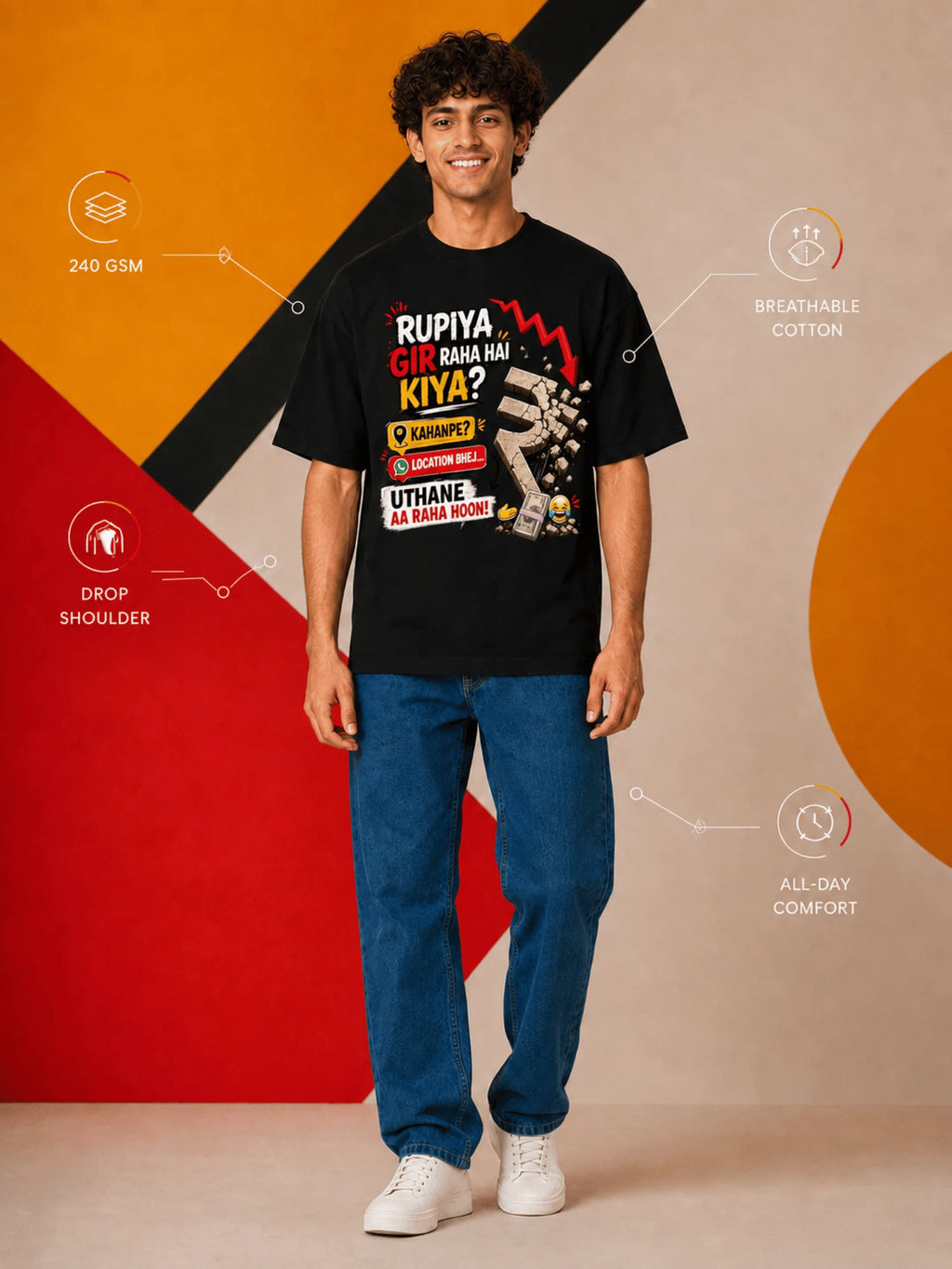 Excello Men's 'Rupiya Gir Raha Hai' Humorous Graphic Oversized T-Shirt| Black