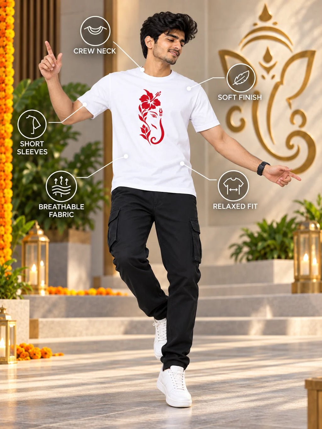 Men's Premium Pure Cotton Ganesha Graphic T-Shirt | 180 GSM Bio-Washed Regular Fit-White