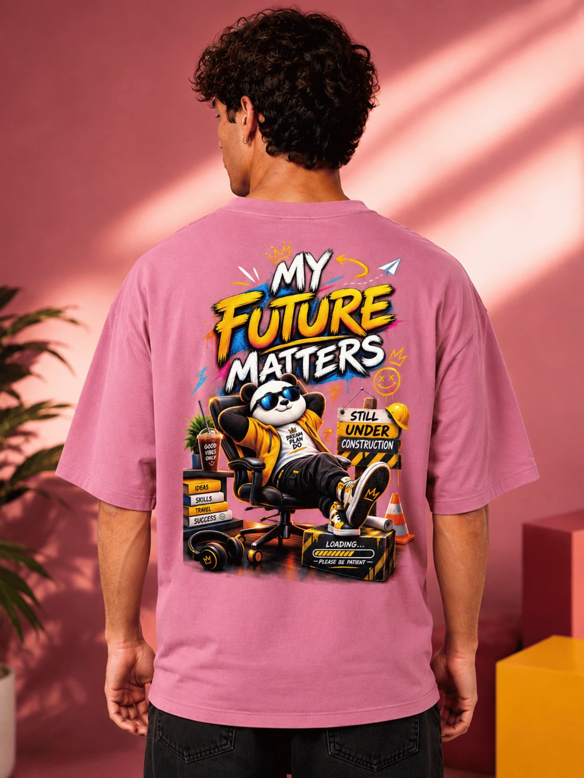 Excello Men's 'My Future Matters' Panda Graphic Oversized T-Shirt | Pink