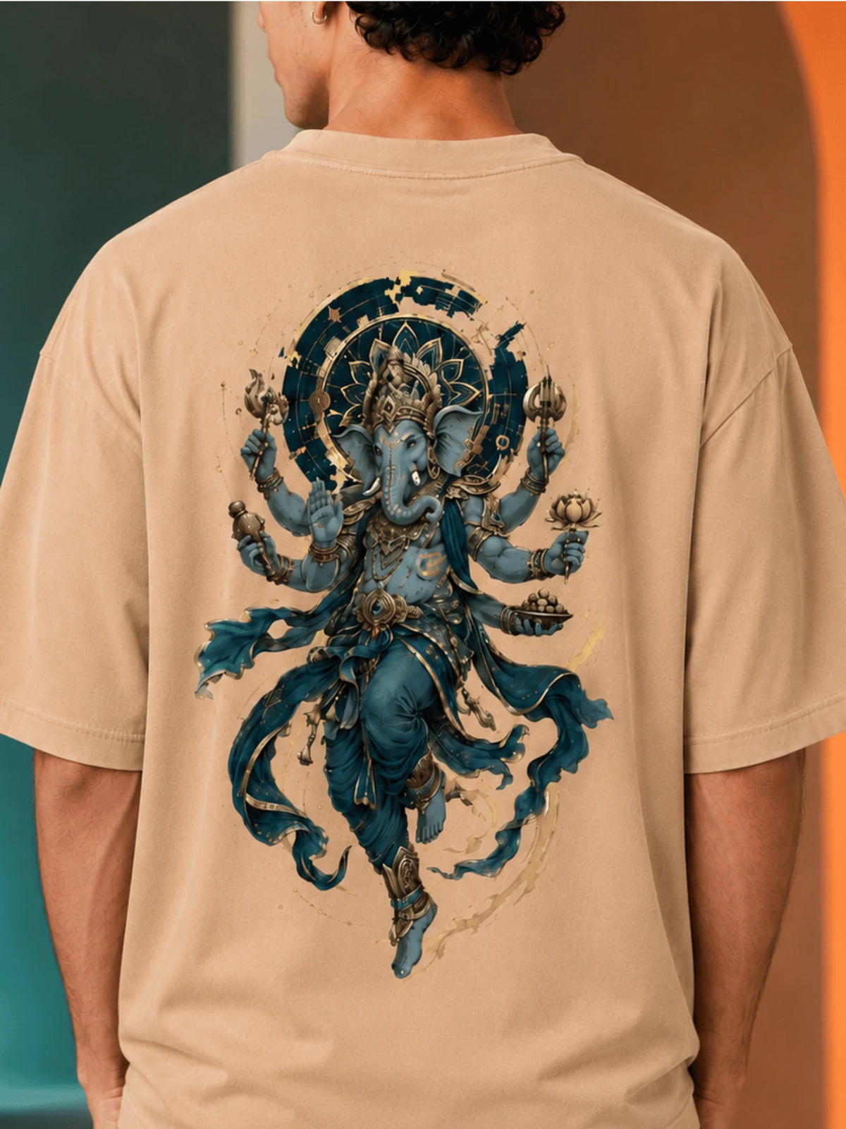 Excello Men's Divine Ganesha Graphic Oversized T-Shirt - 240 GSM Pure Cotton, Bio-Washed-Beige