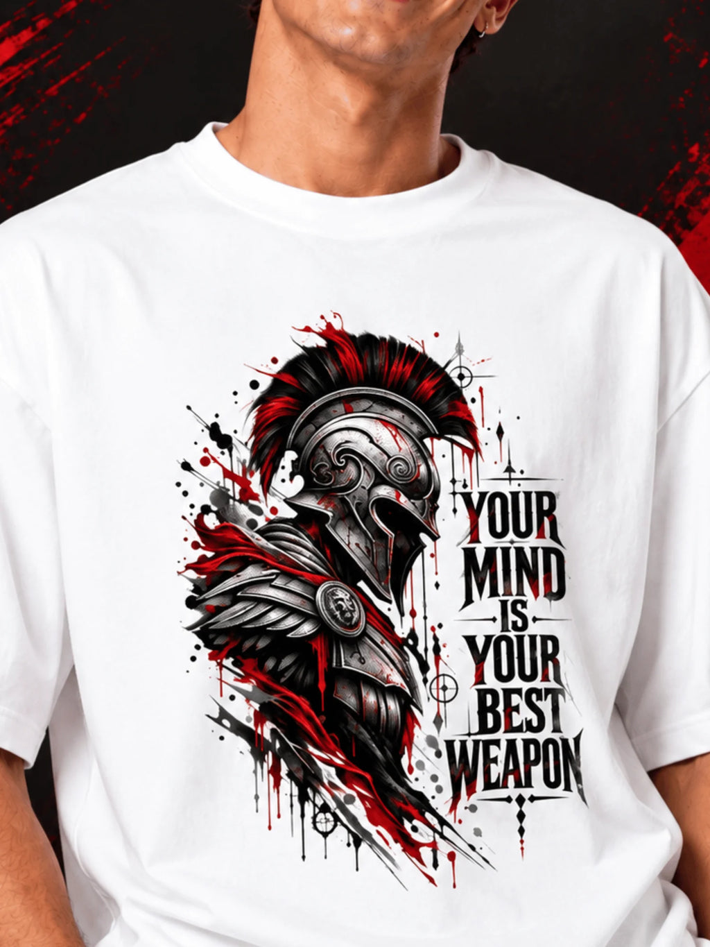 Excello Men's Spartan 'Your Mind Is Your Best Weapon' Graphic Oversized T-Shirt |  White