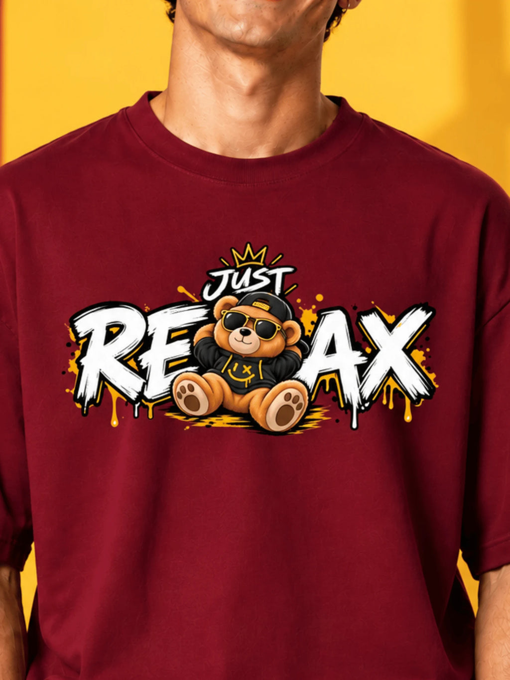 Excello Men's 'Just Relax' Teddy Bear Graphic Oversized T-Shirt | Maroon