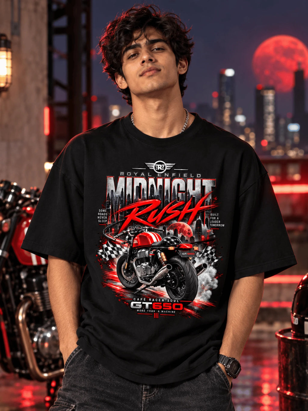 Excello Men's Royal Enfield GT 650 'Midnight Rush' Graphic Oversized T-Shirt | Black