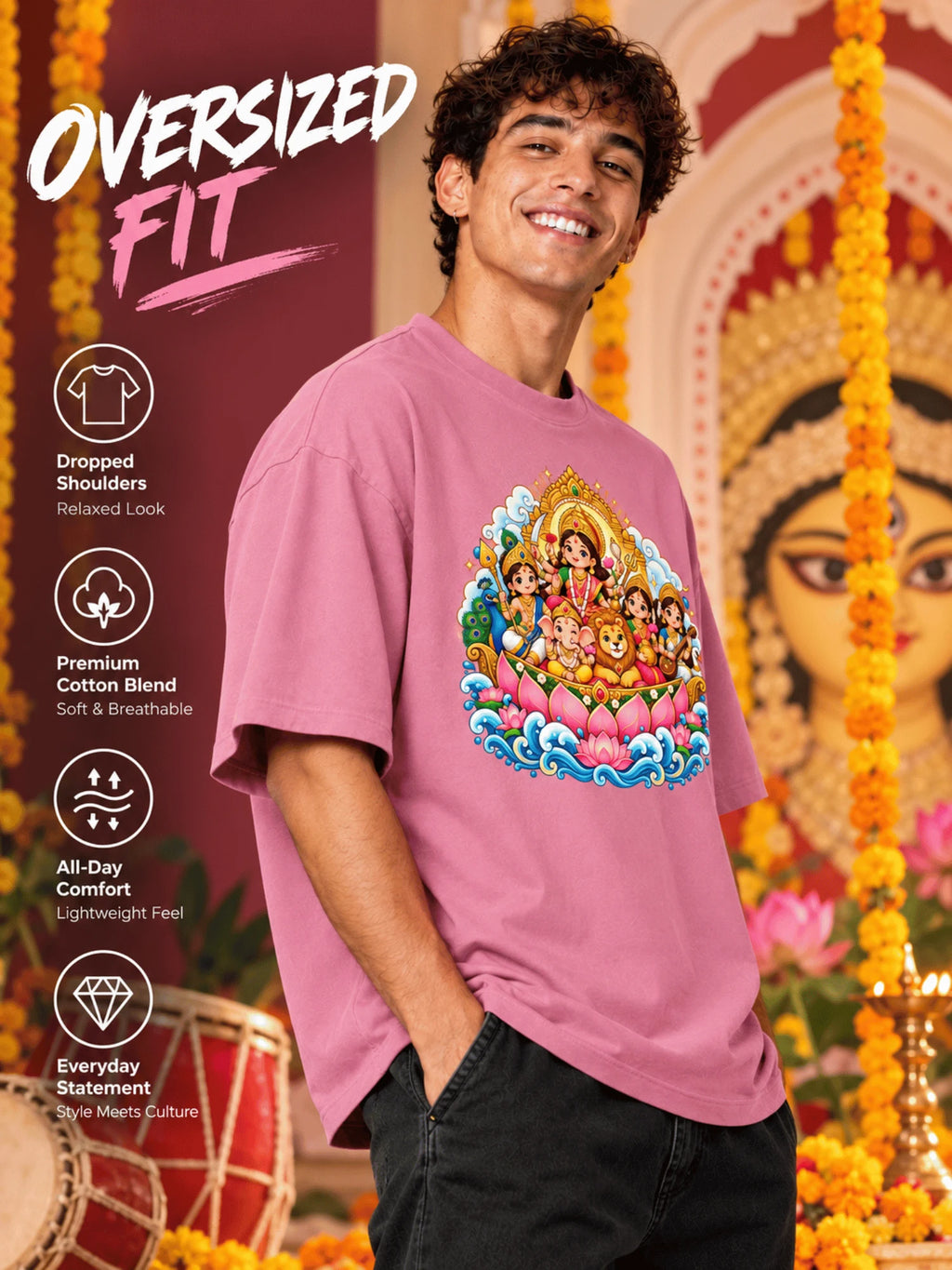 Excello Men's Divine Durga Family Graphic Oversized T-Shirt | Pink